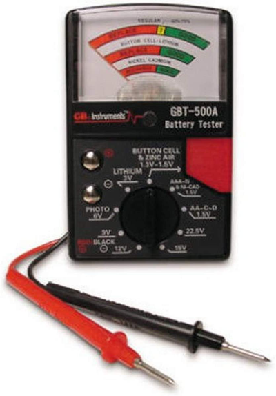 Gardner Bender GBT-500A Analog 1.5 V Button Cell/22.5 Photo/AA/AAA/12 V/9 V/Lantern Cells & More, Leads Battery Tester, Black