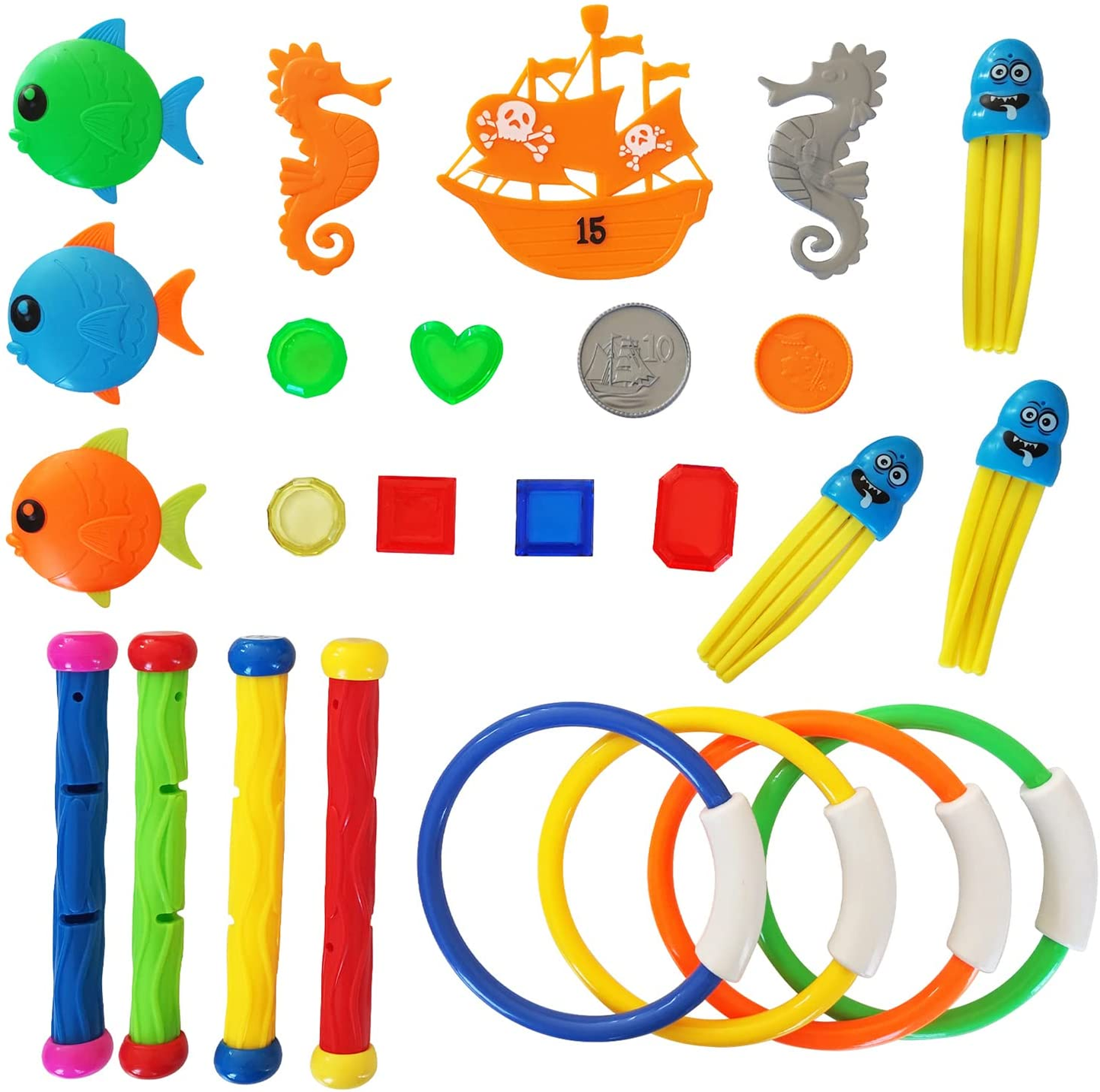 Pool Diving Toy , Underwater Swimming Toys with Diving Rings, Diving Sticks, Diving Fish, Diving Gems, Diving Octopus, Pirate Ship for Kids (Set of 25)