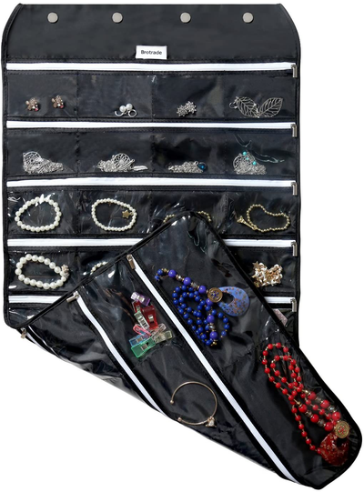 BB Brotrade Hanging Jewelry Organizer with Oxford Dual Side 56 Zippered Storage Pocket(Black with Zipper)