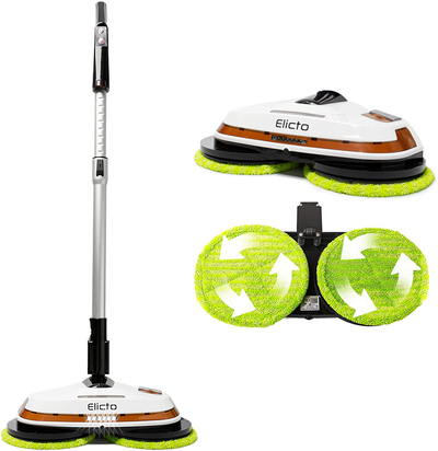 Elicto [2021 Update] Electronic Dual Spin Mop and Polisher, Water Spray, Adjustable Height, LED Lights, Reusable Microfiber Pads for All Hard Surfaces New IMPROVEMENTS for 2021