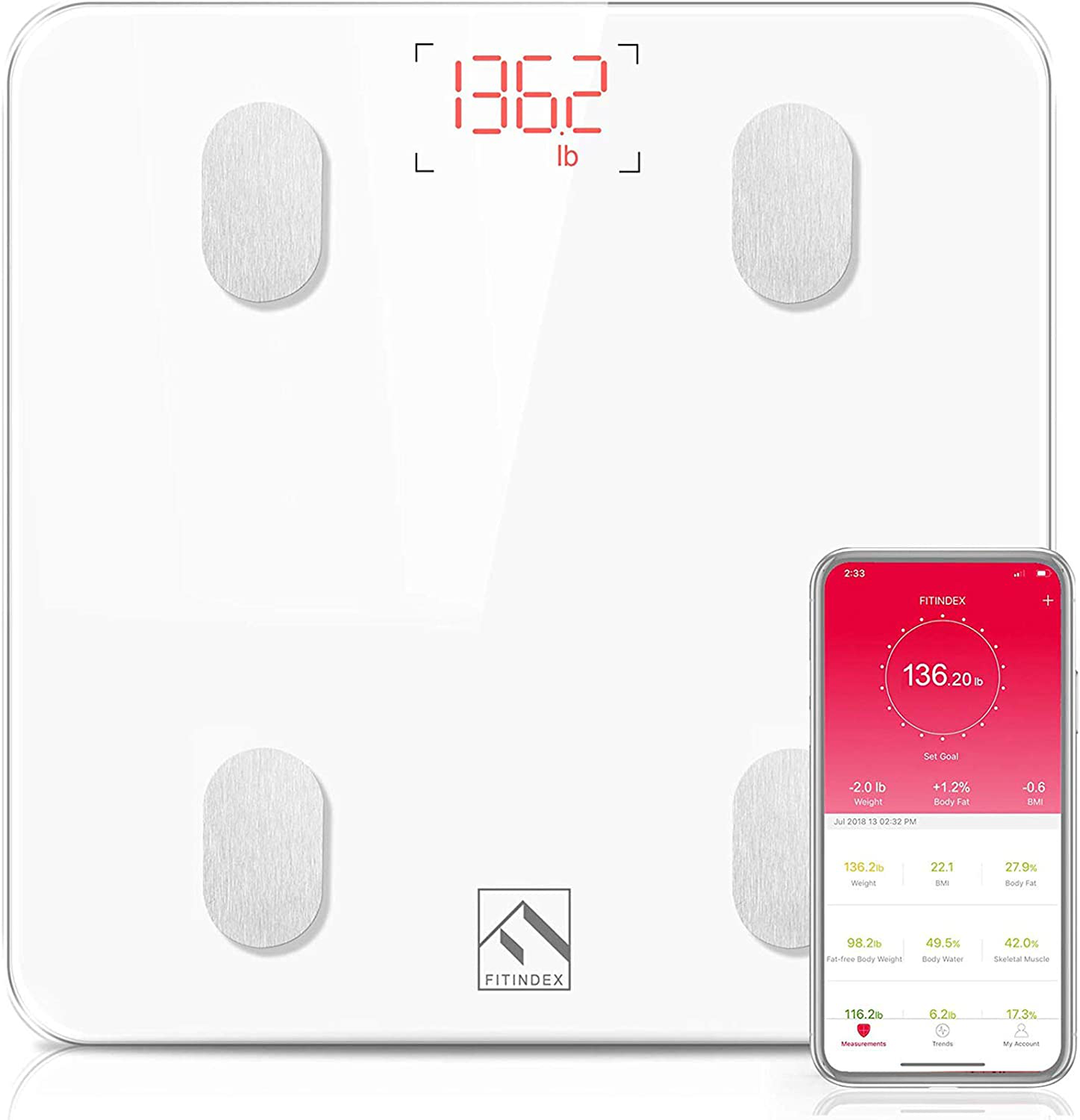 FITINDEX Bluetooth Body Fat Scale, Smart Wireless BMI Bathroom Weight Scale Body Composition Monitor Health Analyzer with Smartphone App