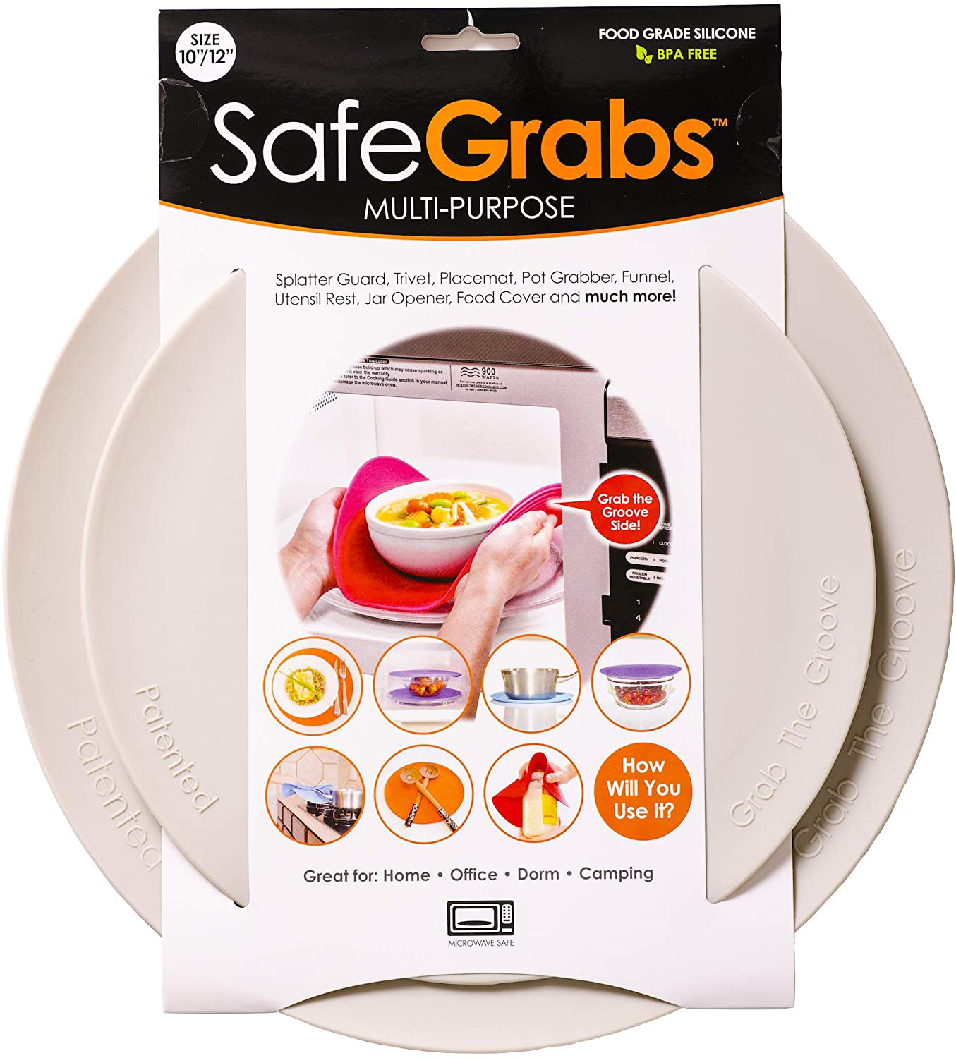 Safe Grabs: Multi-Purpose Silicone Original Microwave Mat as Seen on Shark Tank | Splatter Guard, Trivet, Hot Pad, Pot Holder, Minimize Mess (BPA-Free, Heat Resistant, Dishwasher Safe), Set of 2 Gray