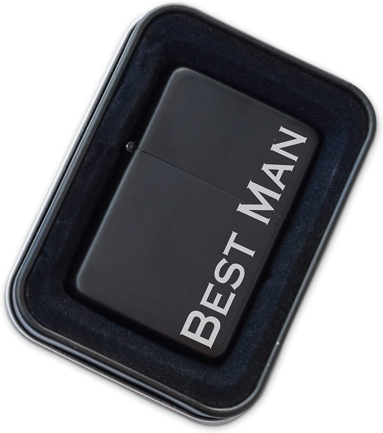 Engraved Matte Black Lighter with Gift Tin - Windproof, Flip-Top, Refillable (Best Man)
