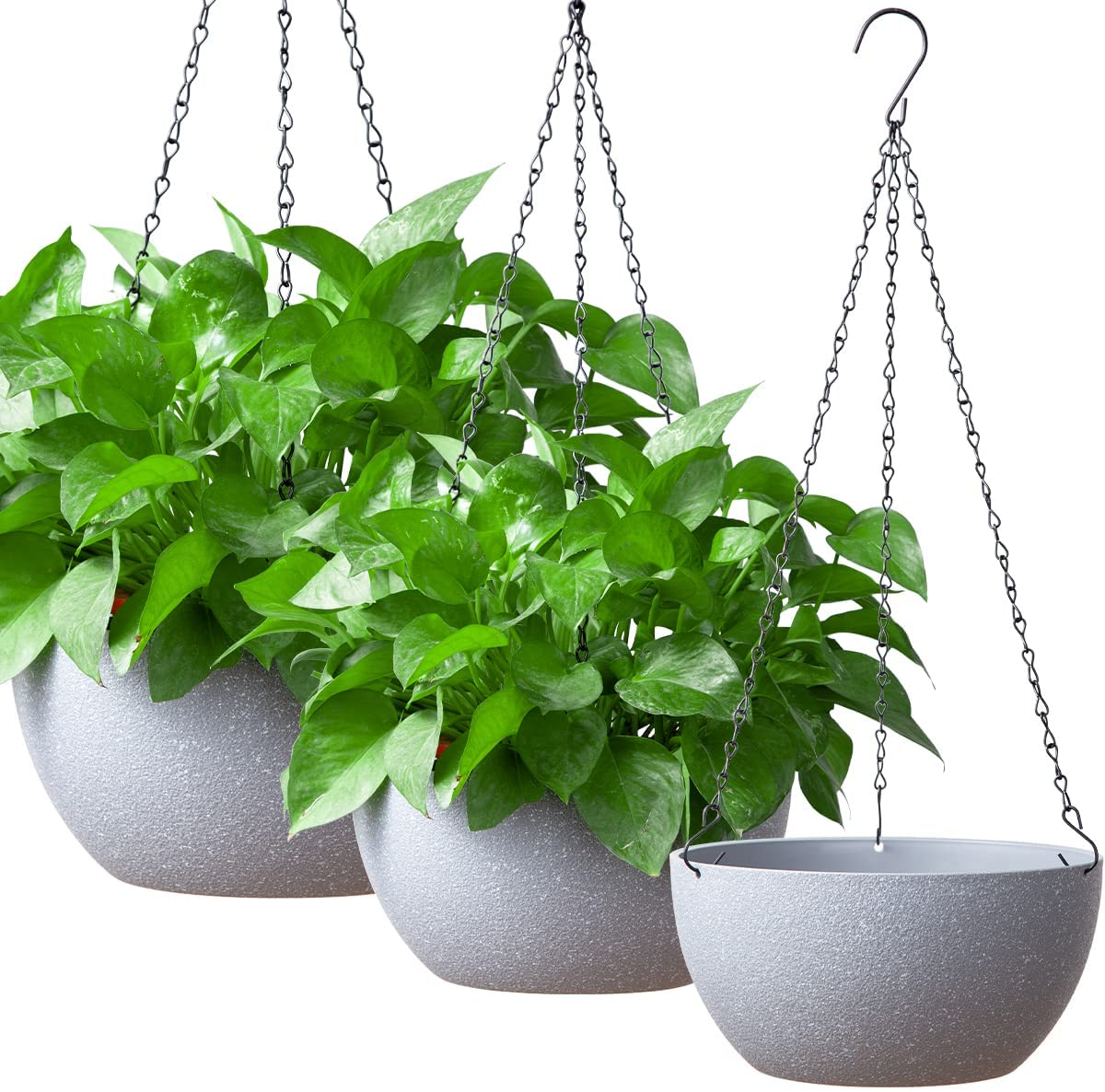 3 Pack Hanging Planters Hanging Pots Baskets for Plants Indoor Outdoor Modern Flower Pots with Drainage, Plastic Planters Speckled Hanging Plants Holder 8/9/10 Inch with Three Extra Ropes
