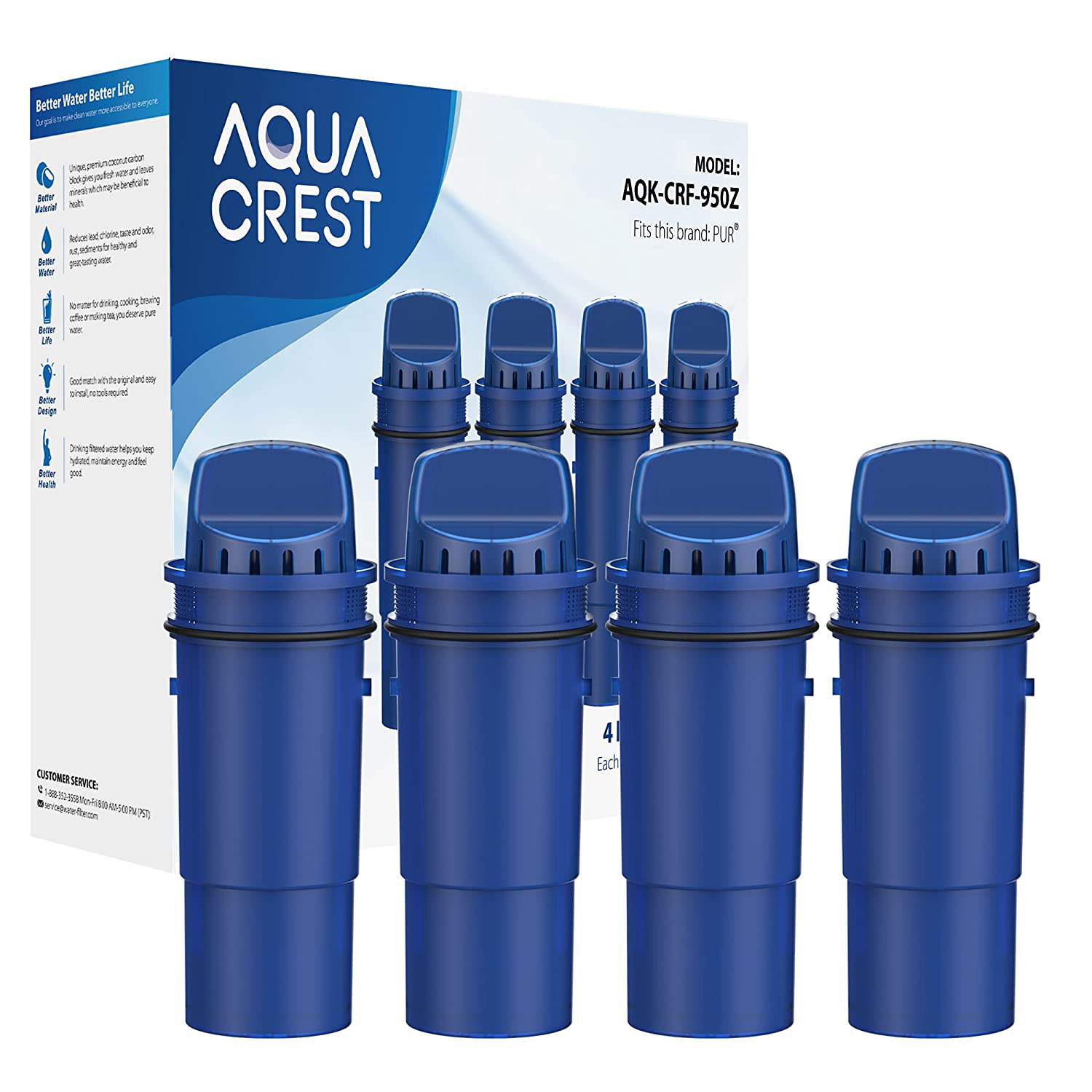 AQUA CREST CRF-950Z NSF Certified Pitcher Water Filter, Replacement for Pur CRF950Z, DS-1800Z, PPT700W, PPF951K, CR-1100C, CR-6000C, PPT711W, PPT711, PPT710W, PPT111W and More Pur Pitchers (Pack of 4)