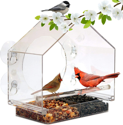 Window Bird House Feeder by Nature Anywhere with Sliding Seed Holder and 4 Extra Strong Suction Cups. Large Outdoor Birdfeeders for Wild Birds. Birdhouse Shape.