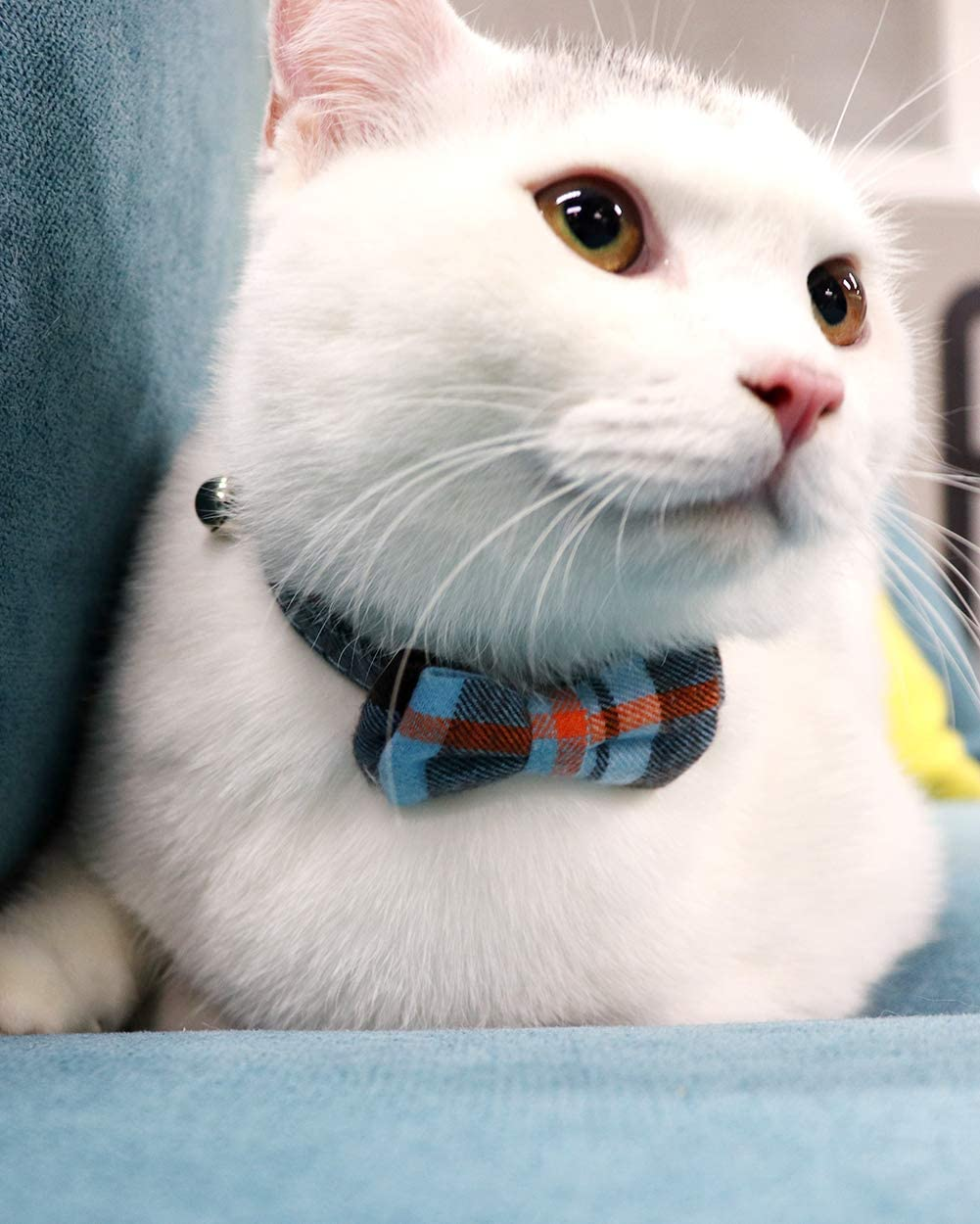 Joytale Breakaway Cat Collar with Bow Tie and Bell, Cute Plaid Patterns, 1 Pack Kitty Safety Collars,Haze Blue