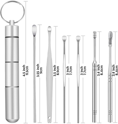 Ear Pick Earwax Removal Kit, Ear Cleansing Tool Set, 6In1 Stainless Steel Ear Curette Ear Wax Remover Tool with Detachable Keychain Box,Reusable Ear Cleaning Kit,Ear Care Tools for Family