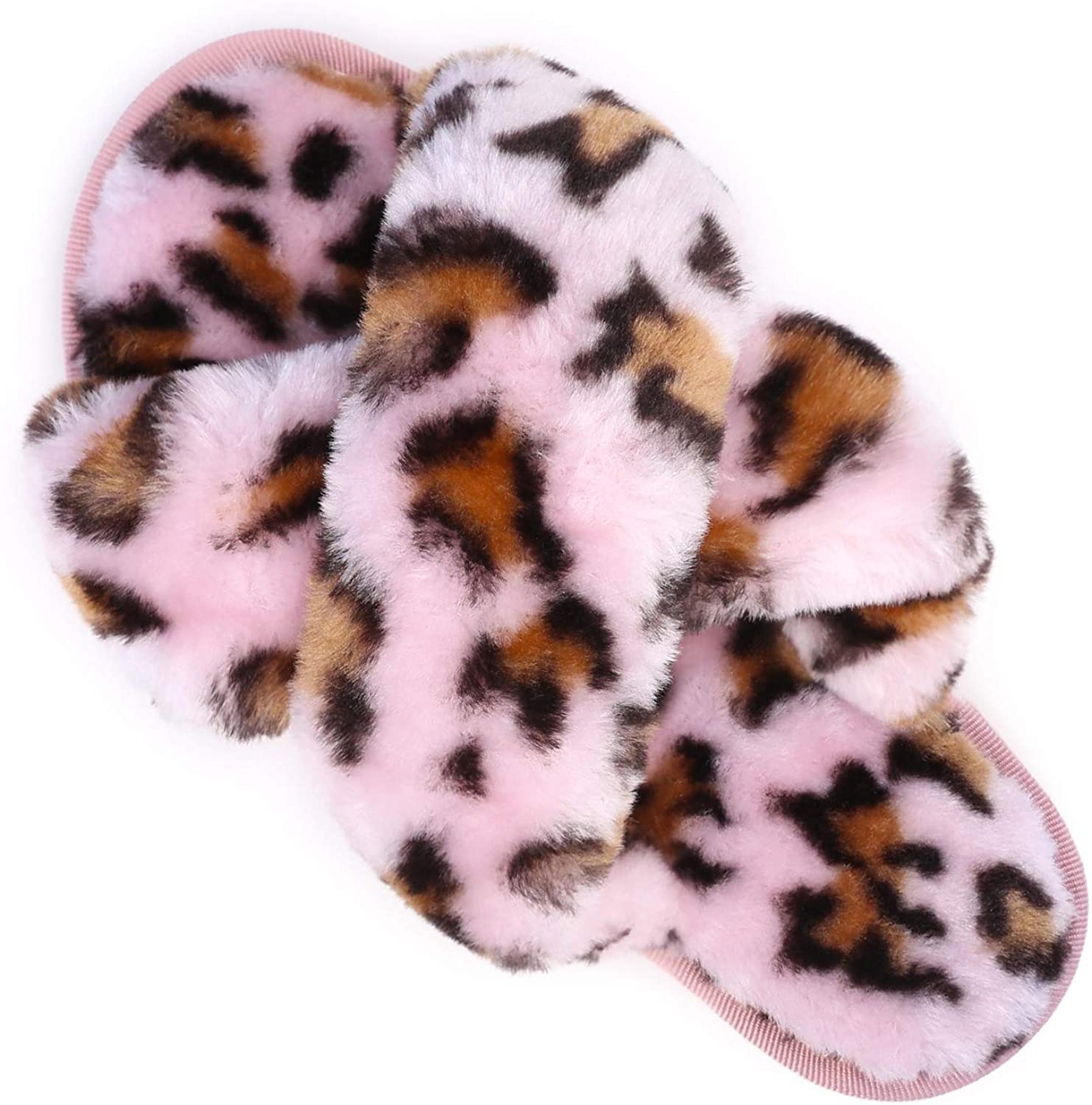 Womens House Fuzzy Slippers Leopard Cross Band Soft Plush Fluffy Slippers Furry Fleece Slip on Slippers Open Toe House Warm Bedroom Shoes Slides