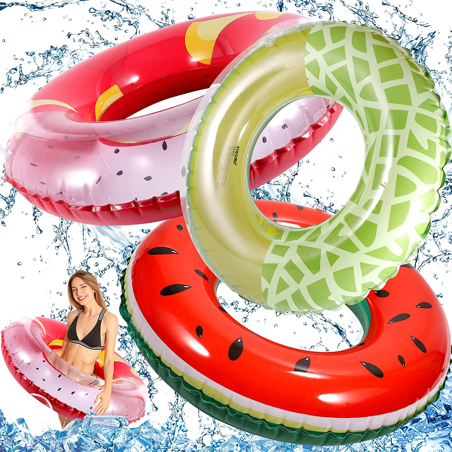 3 Pack Summer Swimming Float with Watermelon, Melon, and Dragon Fruit Swimming Pool Ring Funny Pool Tube Toys for Summer Water Parties Outdoor Water Activities