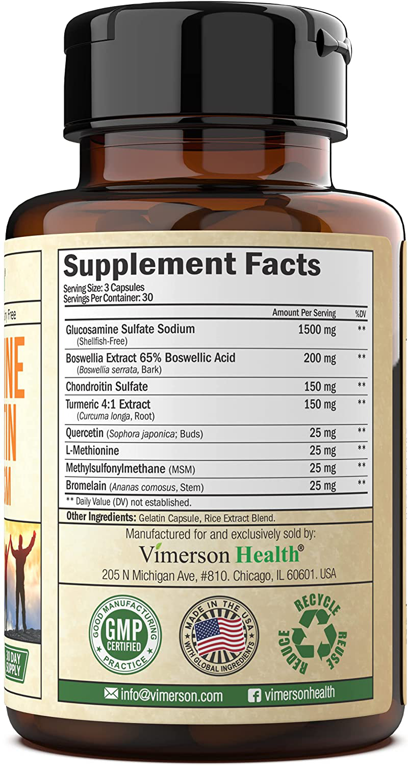 Glucosamine with Chondroitin Turmeric MSM Boswellia. Supports Occasional Joint Discomfort Relief. Helps Inflammatory Response, Antioxidant Properties. Supplement for Back, Knees, Hands. 90 Capsules