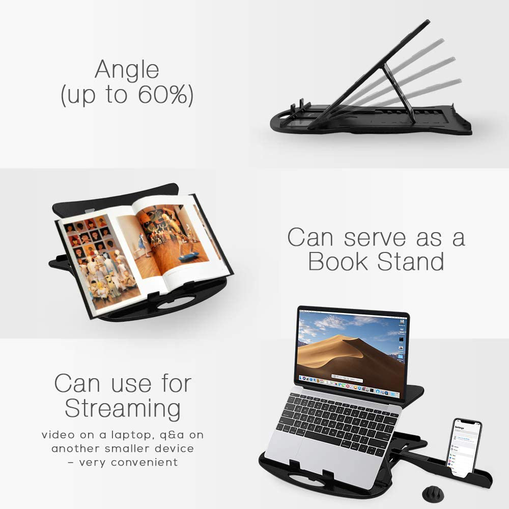 Laptop Stand Swivel Desk with Phone Holder and Cable Clip. Adjustable, Foldable & Portable Riser. Fully Compatible MacBook Base Holder and Others