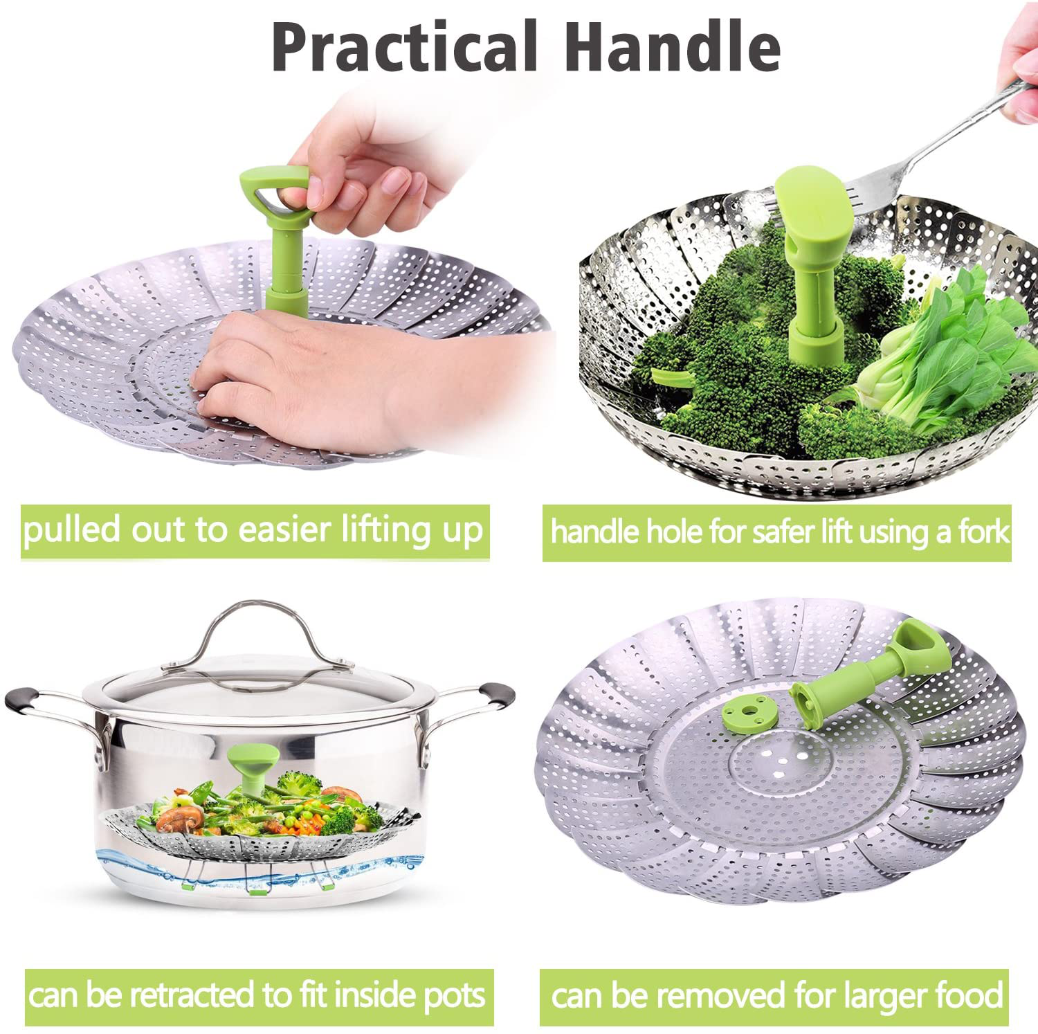 Steamer Basket Stainless Steel Vegetable Steamer Basket Folding Steamer Insert for Veggie Fish Seafood Cooking, Expandable to Fit Various Size Pot (6.4" to 10")