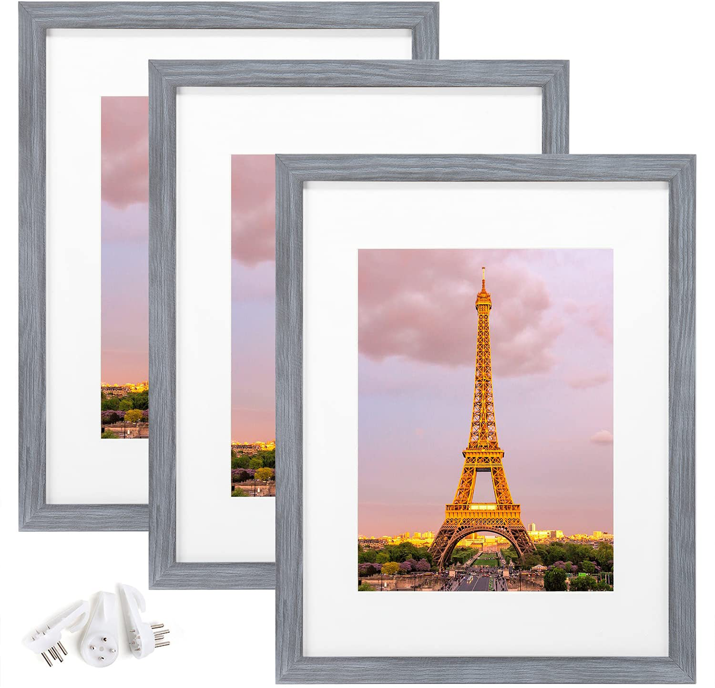 upsimples 8.5x11 Picture Frame Set of 3,Made of High Definition Glass for 6x8 with Mat or 8.5x11 Without Mat,Wall Mounting Photo Frame Ash Gray