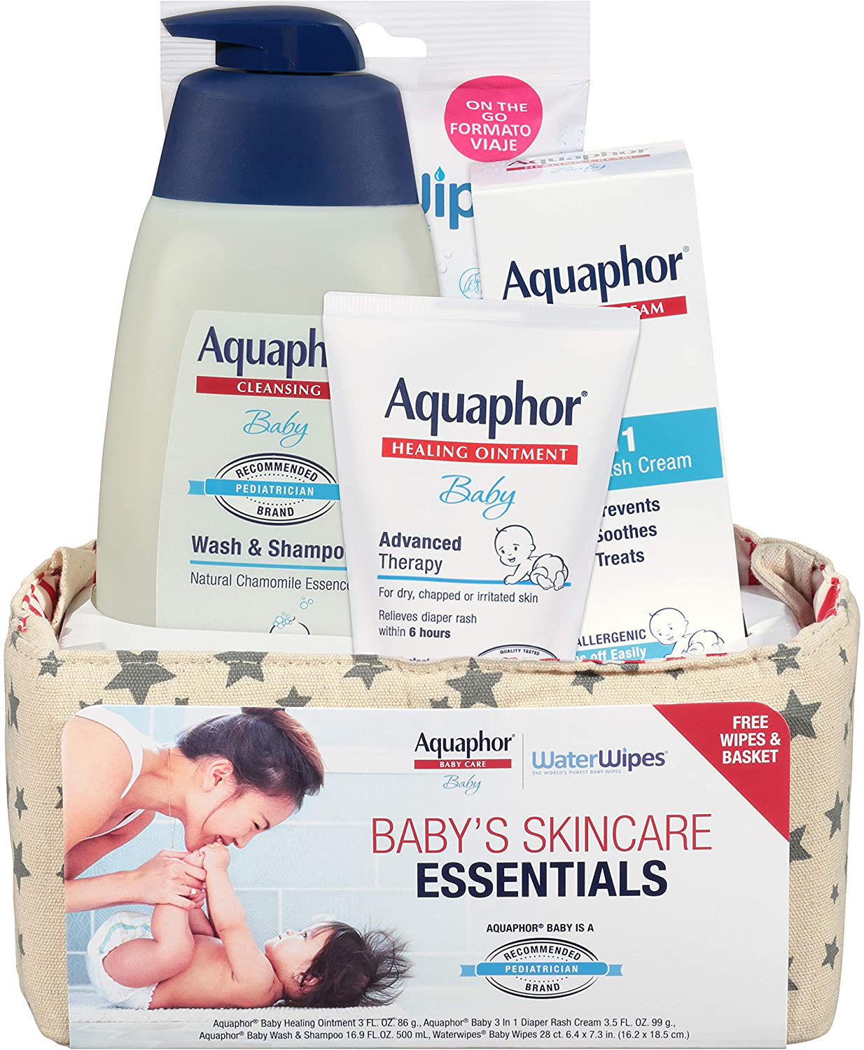 Aquaphor Baby Welcome Gift Set, Free WaterWipes and Bag Included, Healing Ointment, Wash & Shampoo, 3 in 1 Diaper Rash Cream, 5 Piece