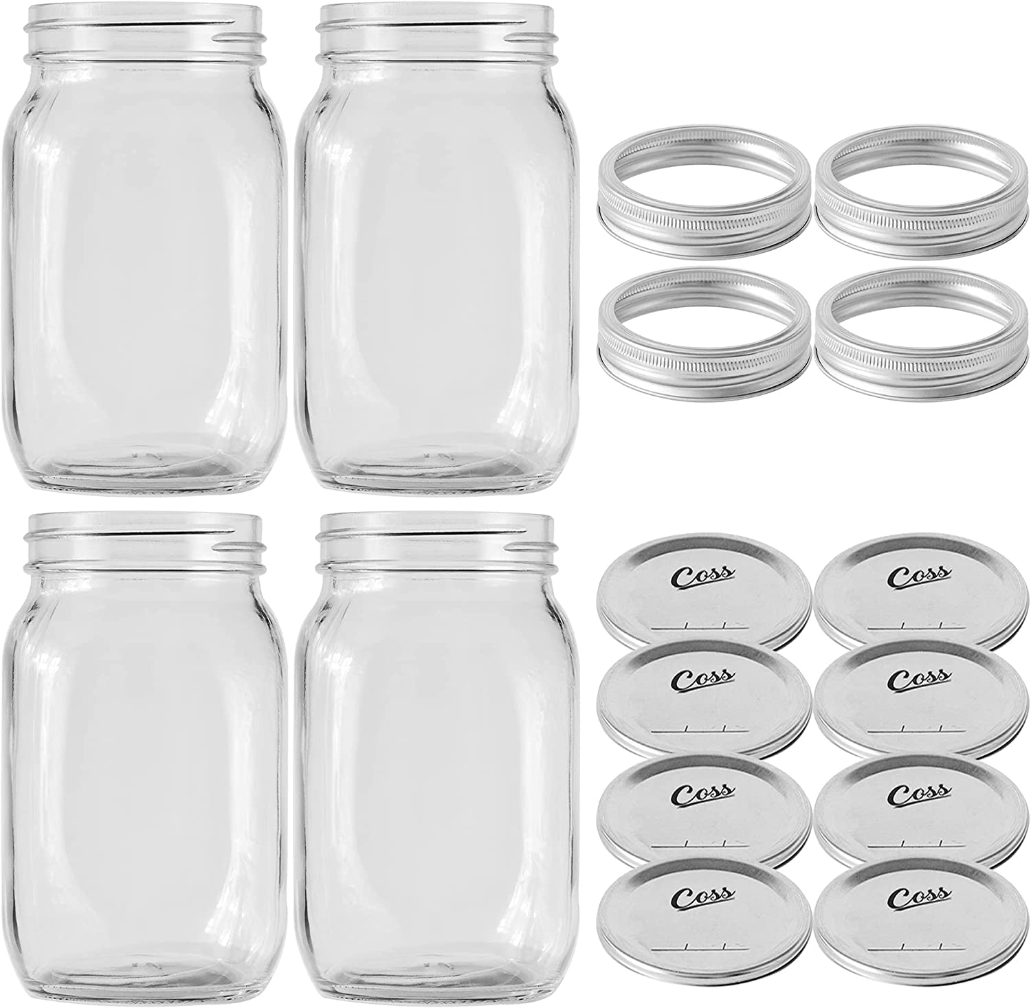 Quart Mason Jars with Lids- Large Glass Canning Jars 32oz Wide Mouth Airtight Lids for Drinks Food Storage Salads Yogurt Fruits Smoothies Meal Prep Overnight Oats (Set of 4) (32oz)