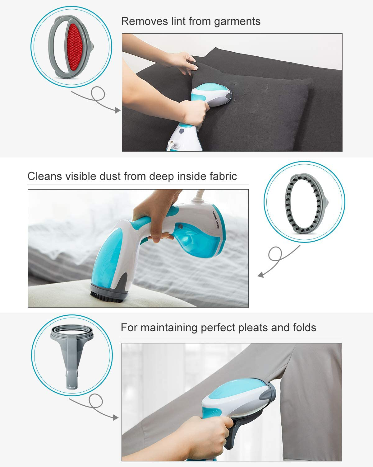 BEAUTURAL Steamer for Clothes with Pump Steam Technology, Portable Handheld Garment Fabric Wrinkles Remover, 30s Fast Heat-up, Auto-Off, Large Detachable Water Tank