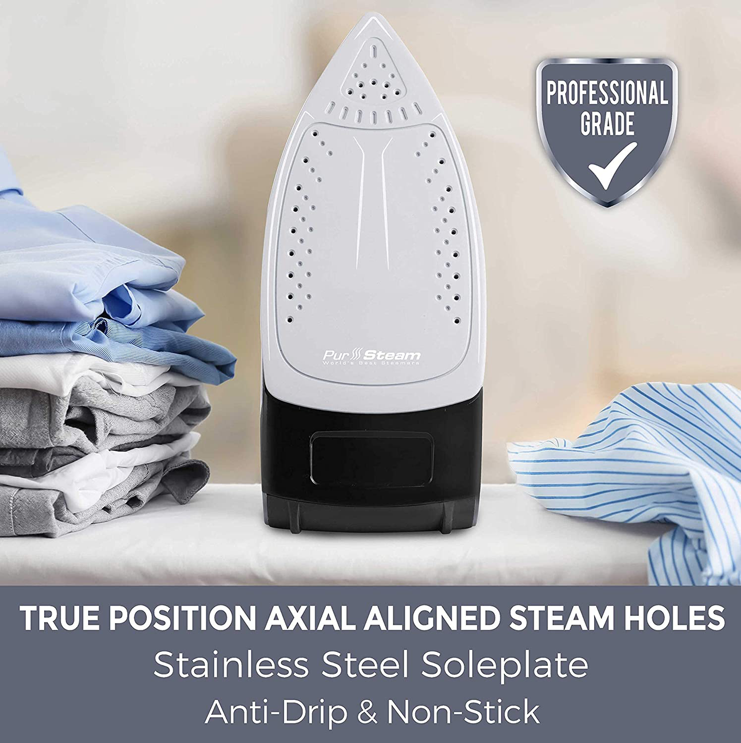 Professional Grade 1700W Steam Iron for Clothes with Rapid Even Heat Scratch Resistant Stainless Steel Sole Plate, True Position Axial Aligned Steam Holes, Self-Cleaning Function