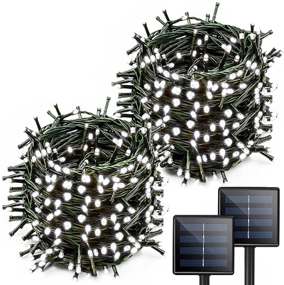 White Extra-Long 2-Pack Each 72ft 200 LED Solar String Lights Outdoor, Waterproof Green Wire 8 Lighting Modes Solar Christmas Lights for Garden Patio Tree Party Wedding Decorations (Cool White)