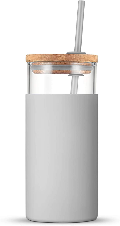 tronco 20oz Glass Tumbler Straw Silicone Protective Sleeve Bamboo Lid - BPA Free (French Grey)