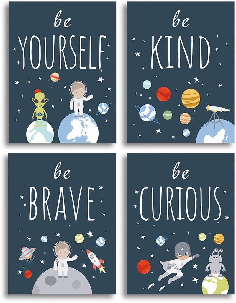 Unframed Inspirational Art Print, Outer Space Planet Wall Art Painting,Set of 4（12" x16" ） Be Kind Be Brave Be Curious Be Yourself Quote Canvas Posters for Boys Bedroom Nursery Decor