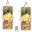 HOMKO Decorative Mason Jar Wall Decor - Rustic Wall Sconces with 6-Hour Timer LED Fairy Lights and Flowers - Farmhouse Home Decor (Set of 2)