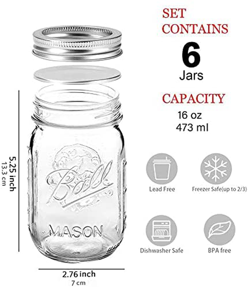 Bedoo Mason Jars 16 oz Regular Mouth Lids and Bands [Set of 12] Pint Mason Jars Clear Glass Canning Jars 16-Ounces, Airtight Lids, Dishwasher Safe