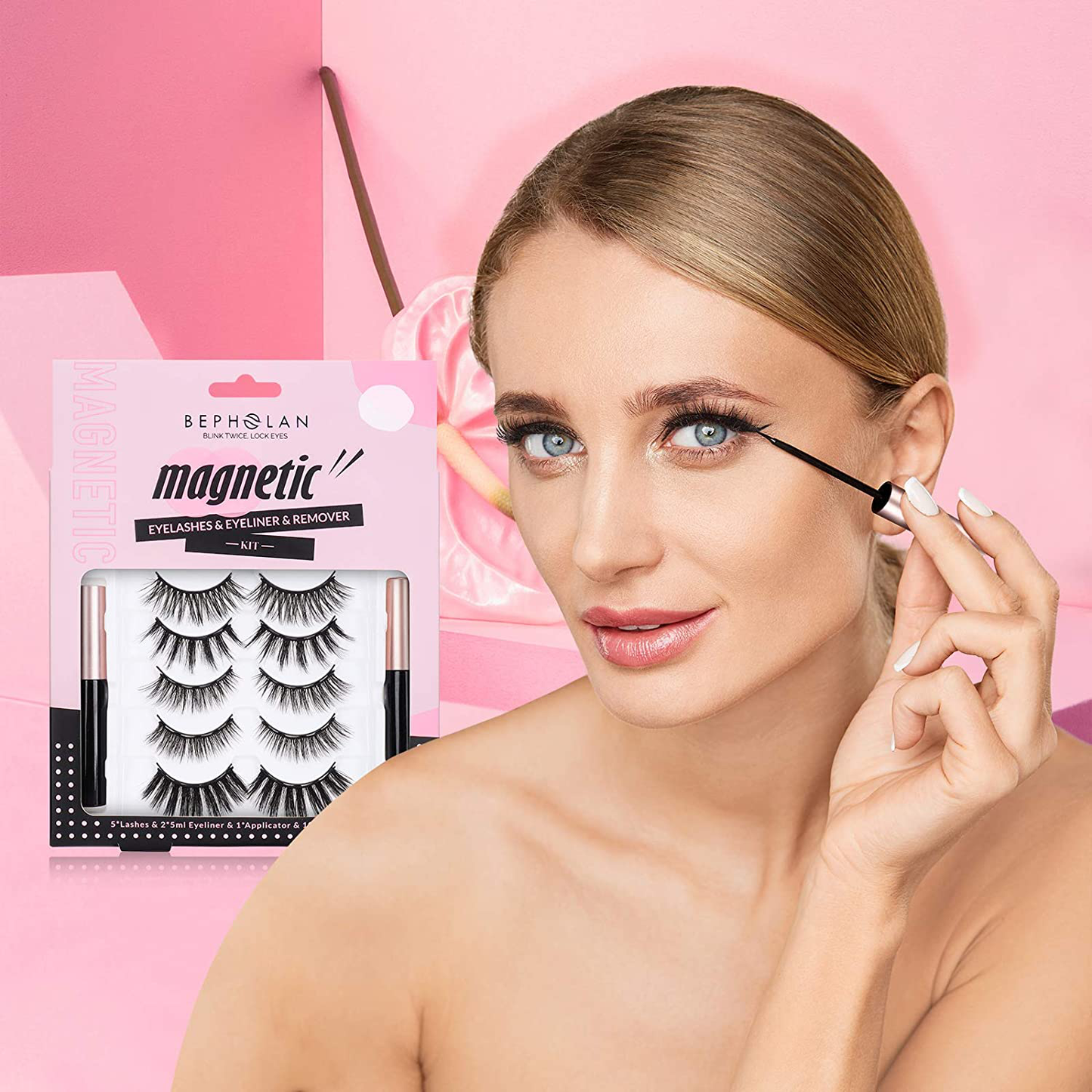 BEPHOLAN Magnetic Eyelashes with Eyeliner Kit, 5 Styles and Comes with 2 Tubes of Magnetic Eyeliner, Safe Ingredients&Comfortable, No Glue&Easy to Use, Magnetic Eyelashes Set Five