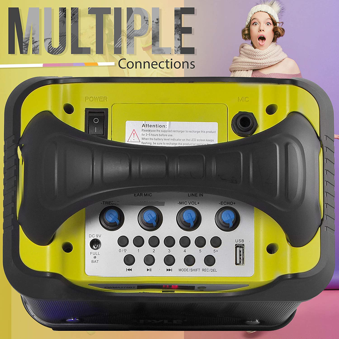 Portable Bluetooth Karaoke Speaker System - Audio Recording Function, 32 GB USB/SD Card Support, Built-In Rechargeable Battery, Flashing DJ Light W/ Music Streaming & Handheld Mic - Pyle PWMA275BT