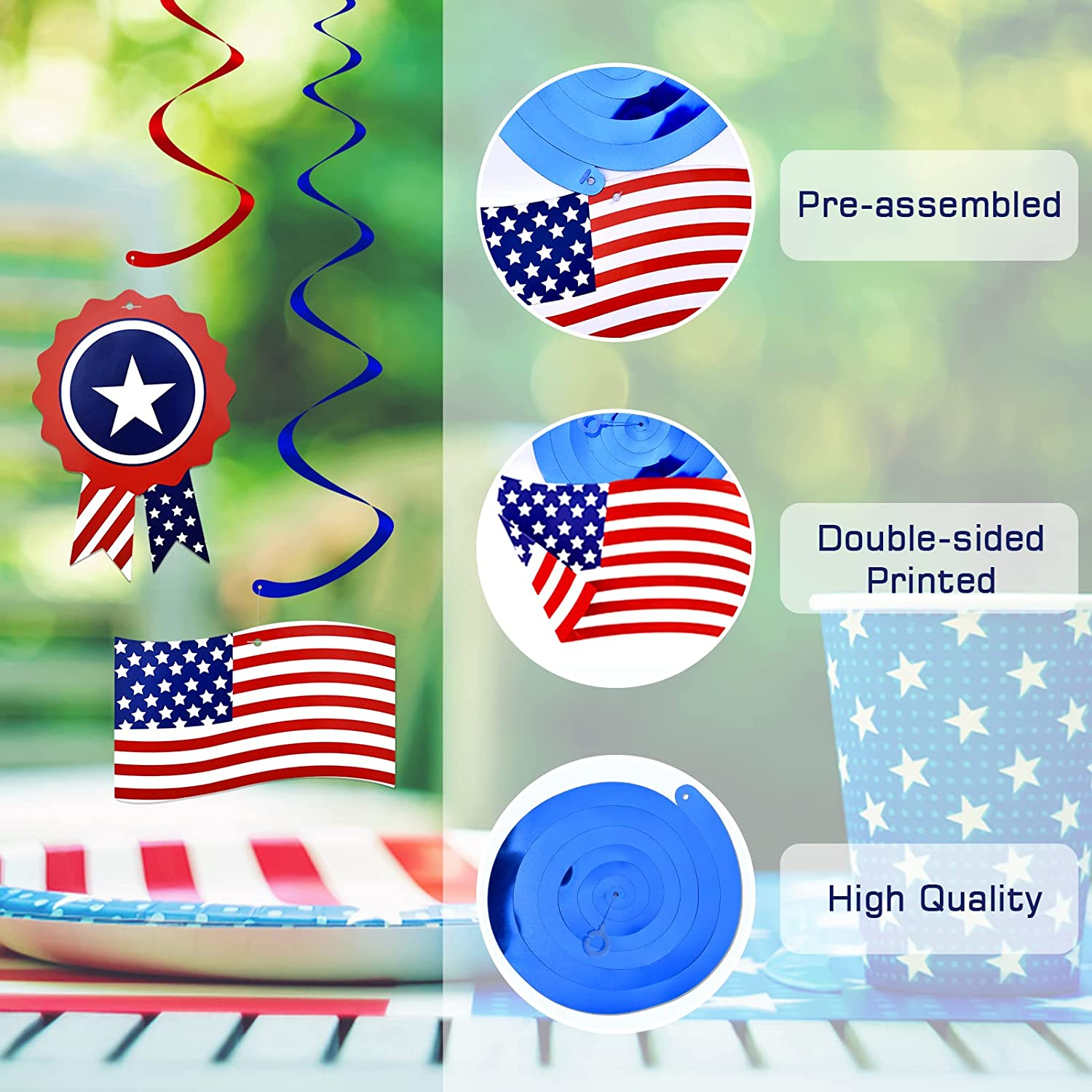 4Th of July Decorations Decor Hanging Swirls American Flag Pennant Patriotic Banner Independence Day Memorial Day Decortions Theme Party Red White Blue Decor Supplies