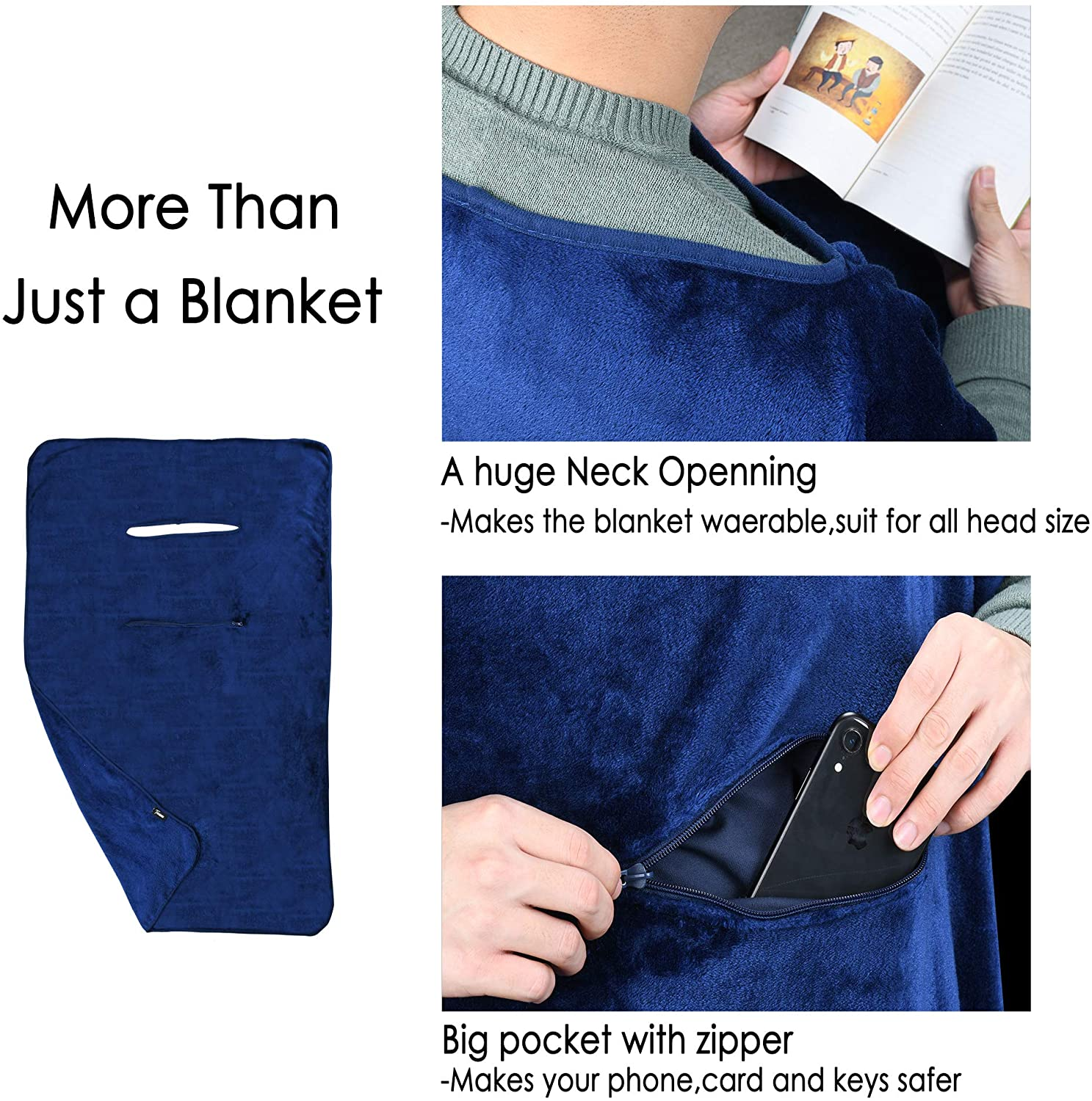 Travel Blanket Airplane Office 4 in 1 Premium Cozy Mink Fleece Wearable Poncho Portable Blankets with Pocket & Built-In Bag