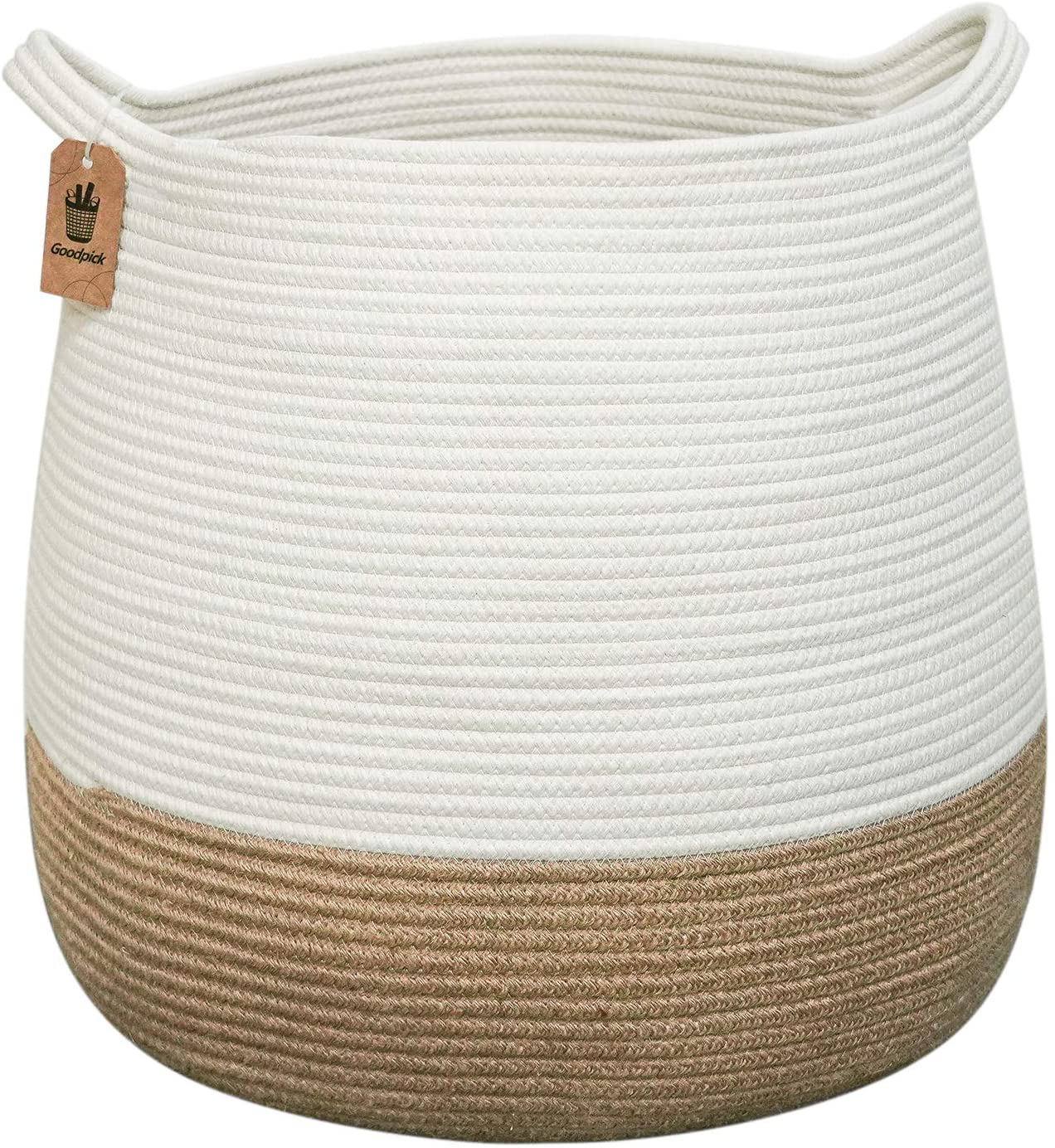 Goodpick Woven Storage Basket - Jute Basket - Rope Basket with Handles for Toys, Magazine, Books, Blanket, Logs, and Pot Plant Cover, Versatile Plant Holder Floor Laundry Storage Bin, 15.8"D x 12.6"H