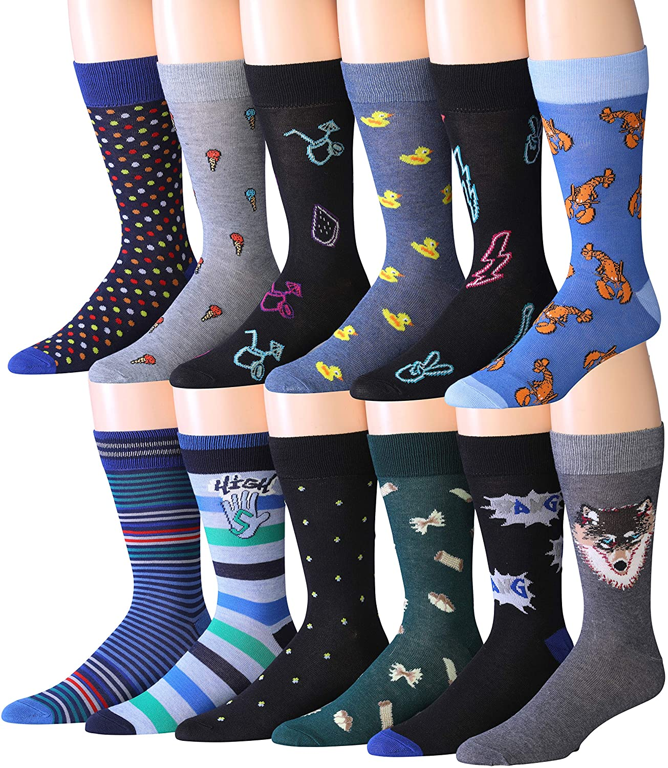 Mens 12-Pairs Funny Funky Crazy Novelty Colorful Patterned Dress Socks