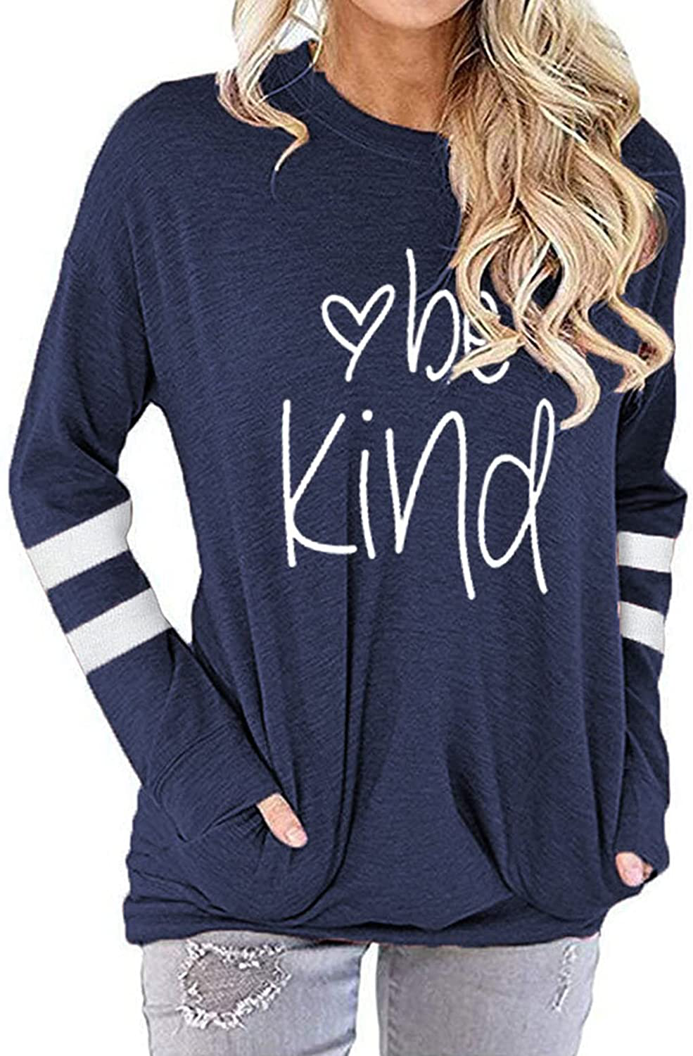 ZILIN Women's Casual Letter Print Crewneck T-Shirt Long Sleeve Tunic Tops Sweatshirt with Pockets