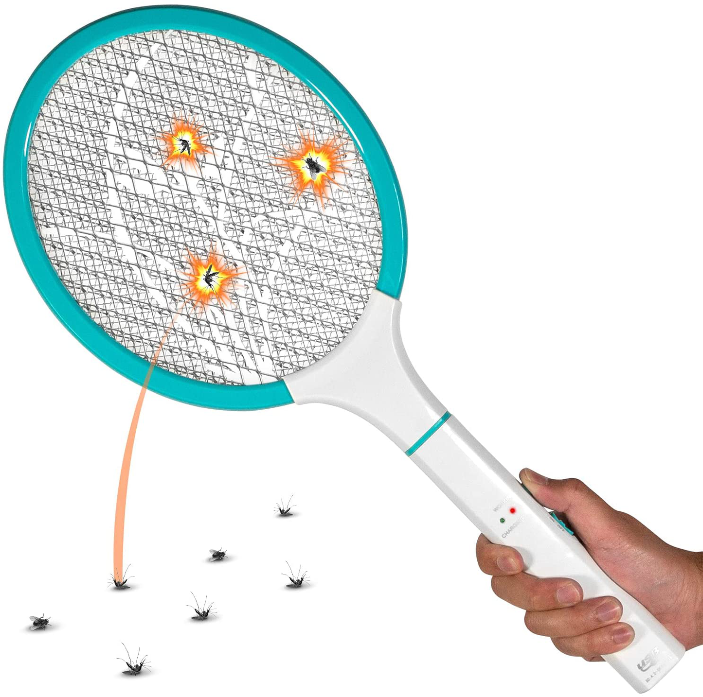 BugKwikZap 2PK of USB Rechargeable Electric Bug Zapper 3600V, Mosquito Killer Racket, Rechargeable Battery Powered Fly Swatter Great for Home, Outdoor Picnics (White-Aqua)