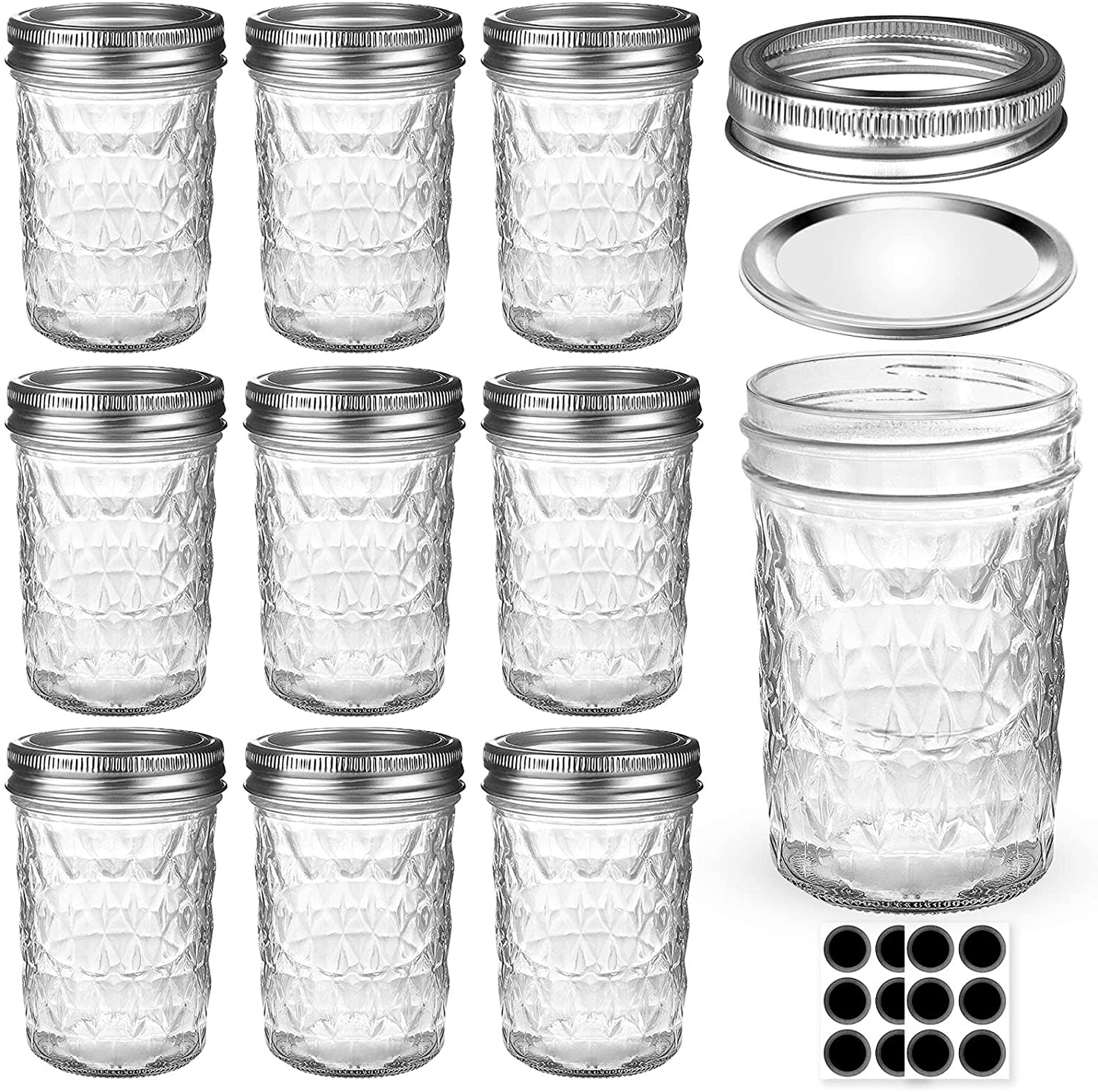 Mason Jars 8 OZ, AIVIKI Glass Regular Mouth Canning Jars with Silver Metal Airtight Lids and Bands for Sealing, Canning, Dry Food, Preserving, Jam, Honey, Jelly, Meal Prep, Overnight Oats, Food Storage, Salads 20 Pack 20 Whiteboard Labels