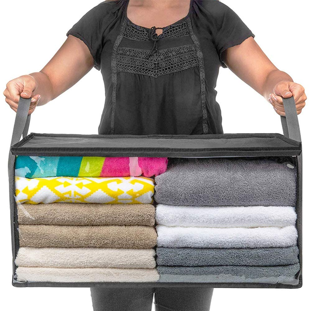 Large Capacity Clothes Storage Bag Organizer with Reinforced Handle Thick Fabric for Comforters, Blankets, Bedding, Foldable with Sturdy Zipper, Clear Window,Folding, 90L