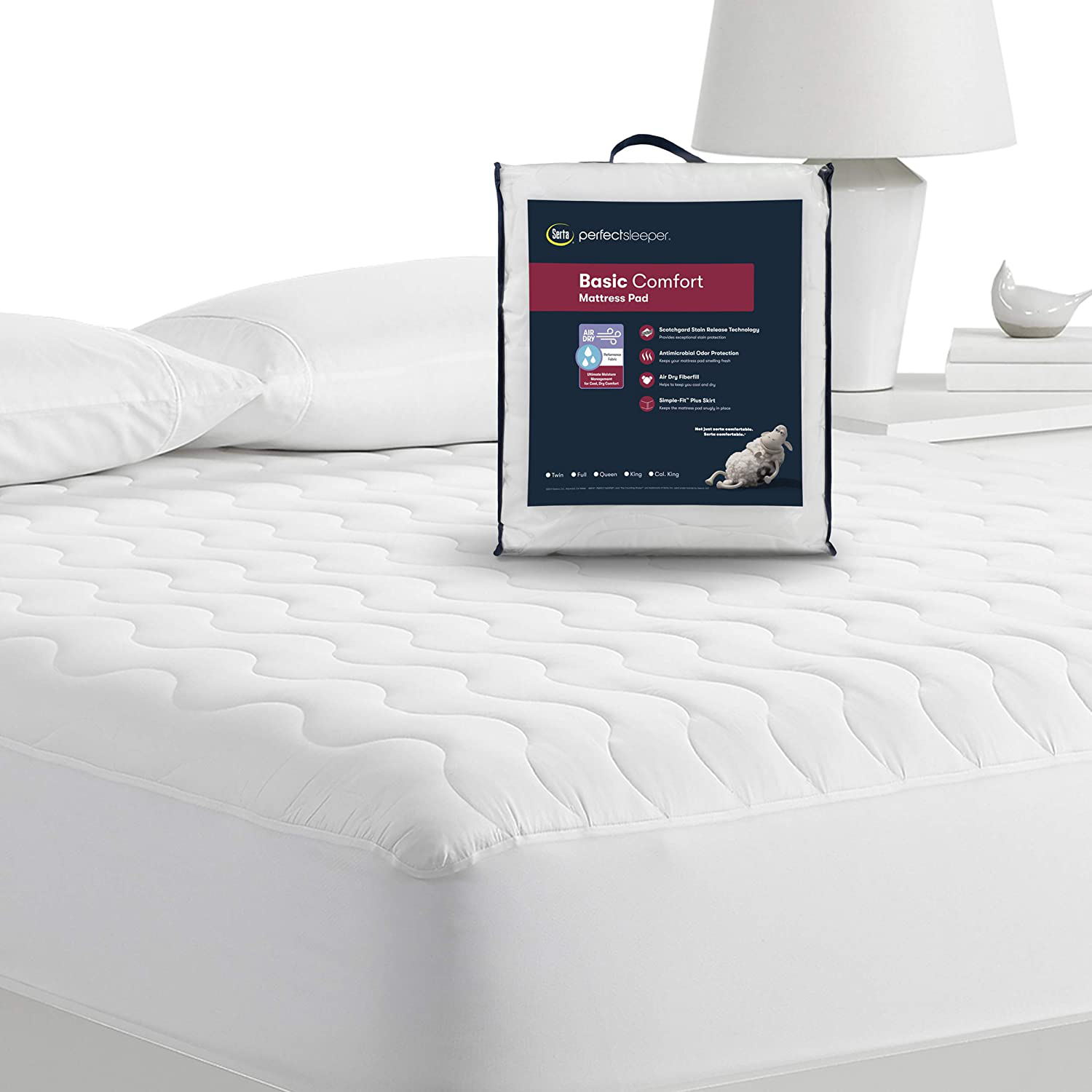 Serta Perfect Sleeper Basic Comfort Mattress Pad, Air Dry Moisture Wicking, Microfiber Fill, Scotchgard Stain Release, Antimicrobial Odor Protection, Cooling, Full, White