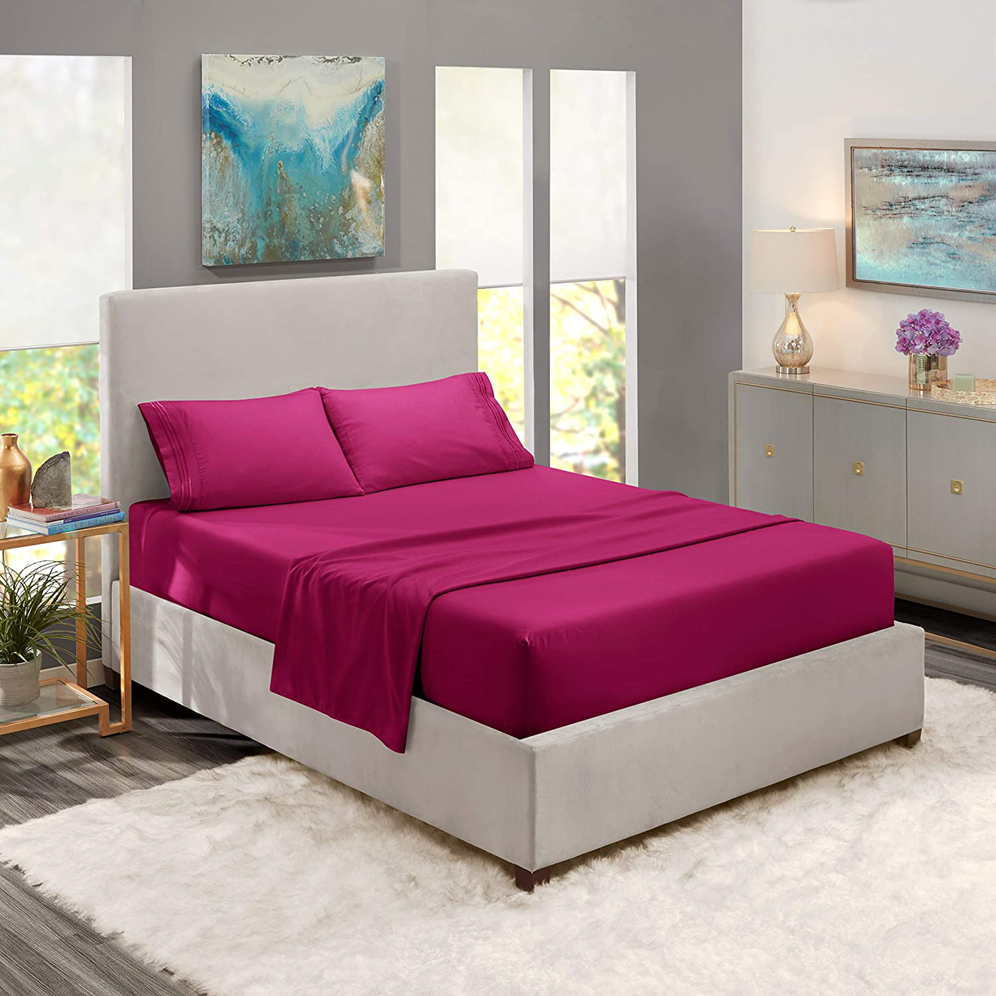 Nestl Deep Pocket Cal King Sheets Cal King Size Bed Sheets with Fitted and Flat Sheet, Pillow Cases - Extra Soft Set with Deep Pockets for CK Size - Vivacious Magenta
