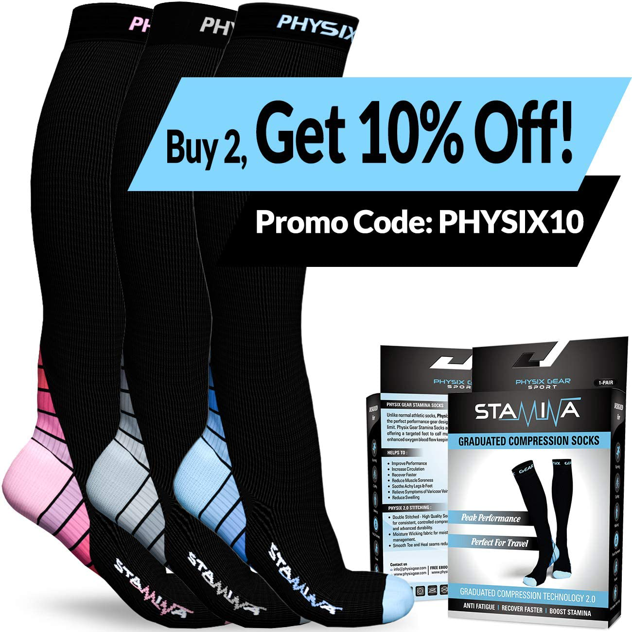 Physix Gear Sport Compression Socks for Men & Women 20-30 mmhg - Athletic Fit (1 Pair)