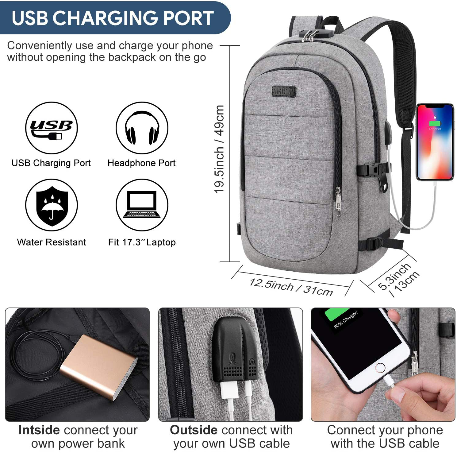 Laptop Backpack, 15.6-17.3 Inch College School Backpack for Men & Women AMBOR anti Theft Laptop Backpacks with USB Charging / Headphone Port, Business Travel Computer Bookbag Gifts Fits Notebook, Grey