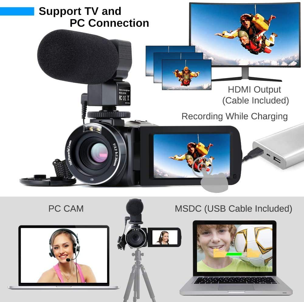 4K Camcorder Vlogging Camera for YouTube Ultra HD 4K 48MP Video Camera with Microphone & Remote Control WiFi Digital Camera 3.0" IPS Touch Screen