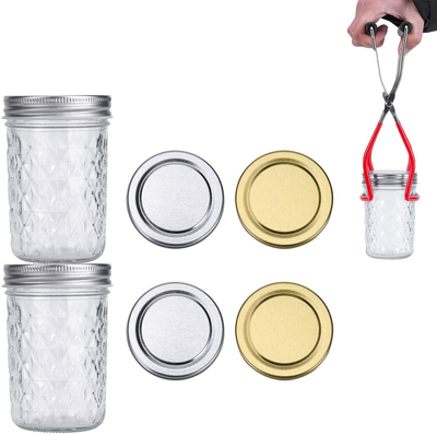 ShiJJ 8oz Mason Jars with Cans Lifter Regular Mouth Jelly Jars 8 Ounce 2 Pack, 2 Silver Lids + 2 Gold Lids Half Pint Mason Jar Ideal for Canning Food Storage