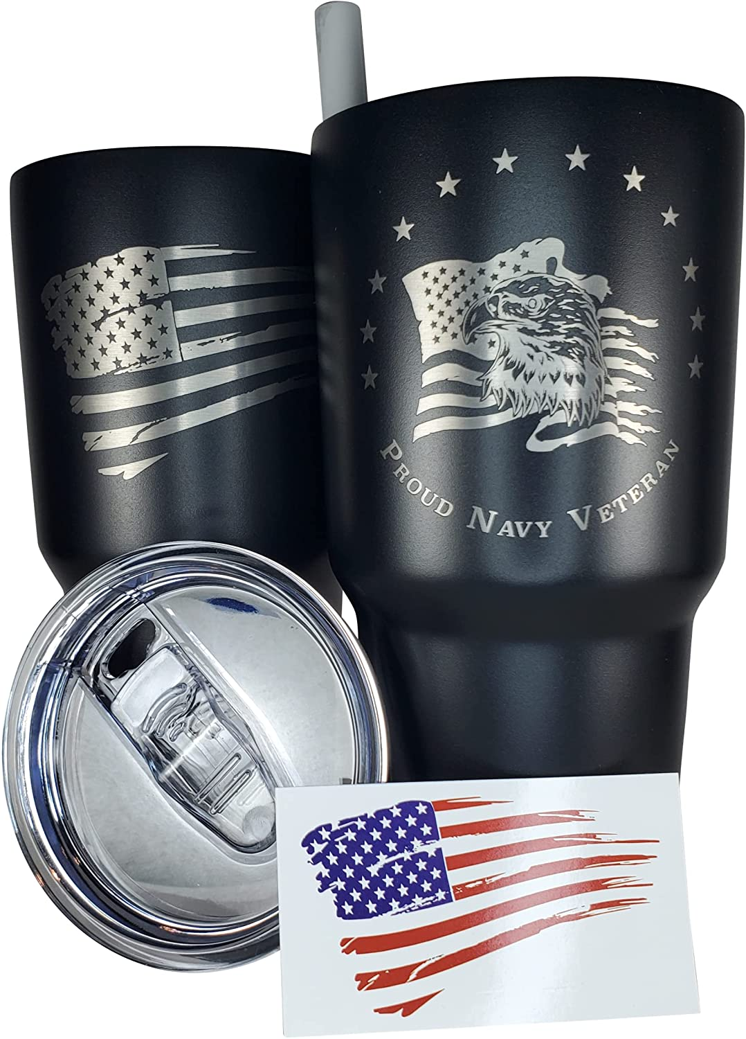 30Oz Army Veteran Tumbler - Double Insulated - with Silicone Straw and USA Sticker (Army Veteran)