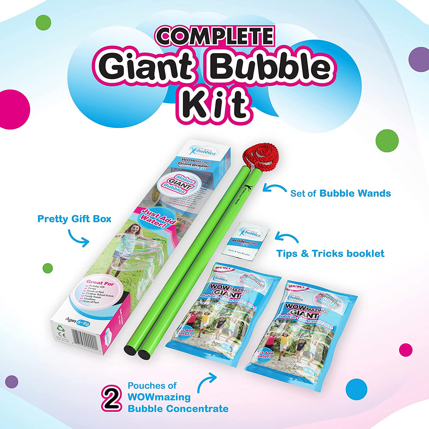 WOWMAZING Giant Bubble Kit: Unicorn - Incl. Wand, 2 Big Bubble Concentrate Pouches and 8 Sun-Activated Magical Stickers | Outdoor Toy for Kids, Girls | Bubbles Made in The USA - Unicorn Kit