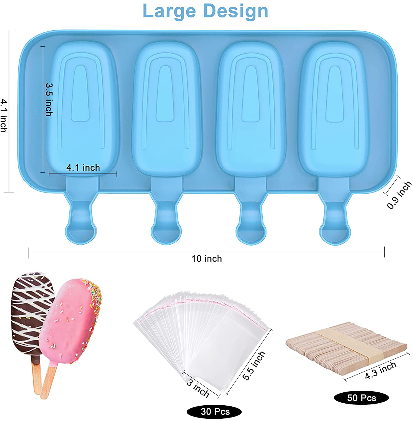 Ouddy Upgrade 2 Pack Large Popsicle Molds, Ice Cream Mold & Silicone Cakesicle Molds with 50 Wooden Sticks & 30 Popsicle Bags for DIY Ice Pop and Cake