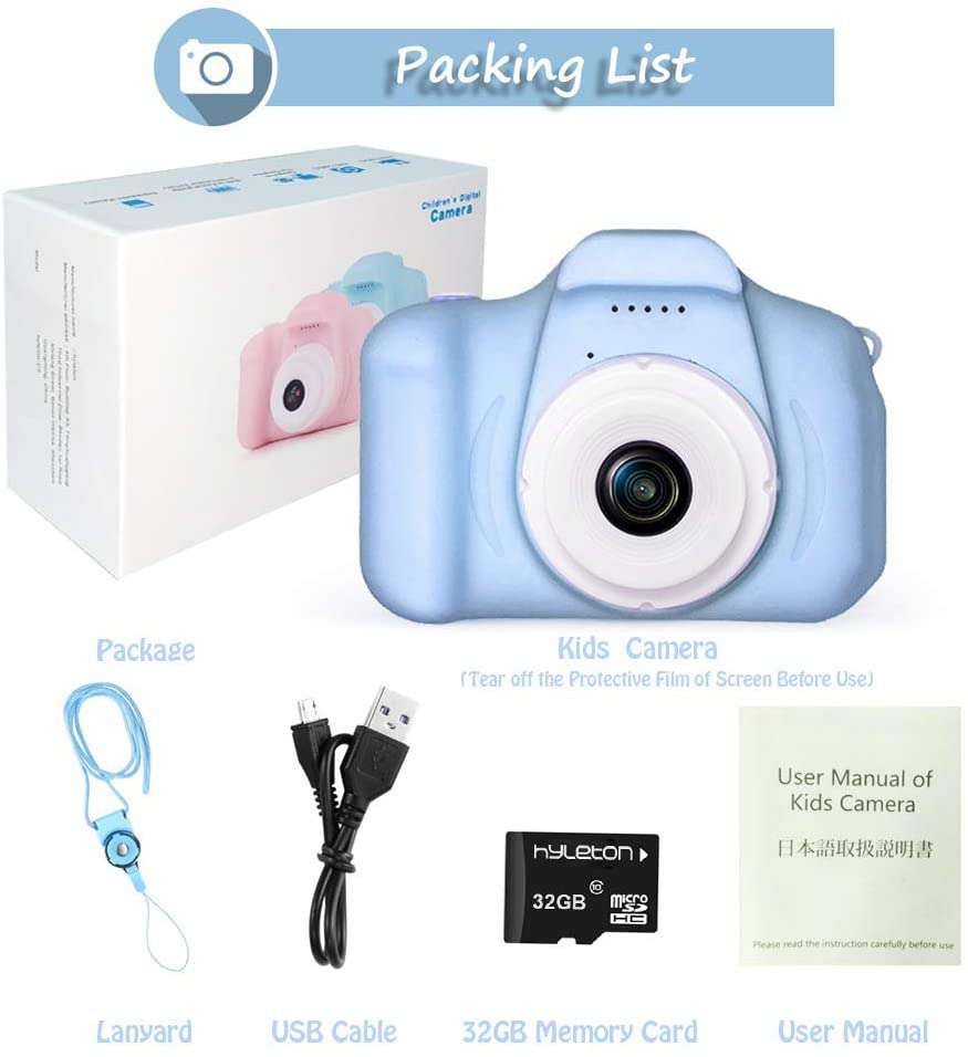 Digital Camera for Kids,hyleton 1080P FHD Kids Digital Video Camera with 2 Inch IPS Screen and 32GB SD Card for 3-10 Years Boys Girls Gift (Light Blue)