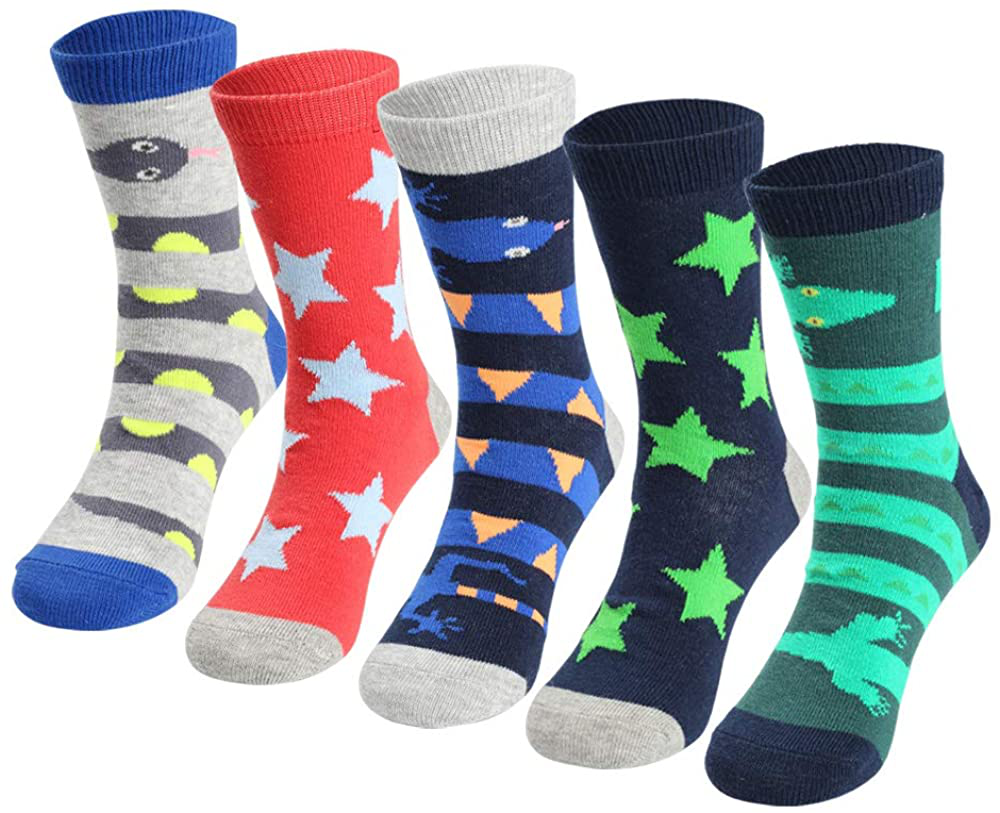COTTON DAY Boys Fun Novelty Design Socks Bright Colors Pack of 5