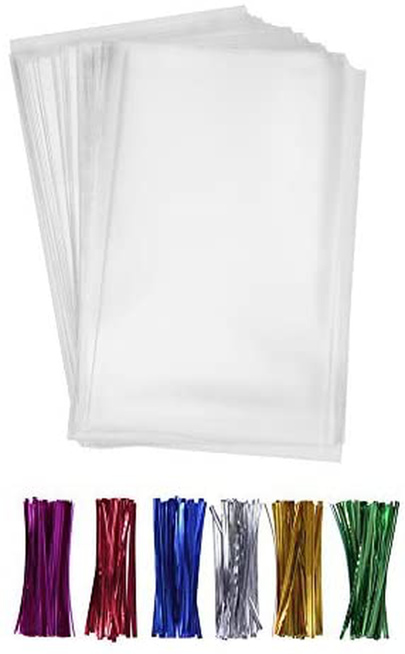 200 Clear Treat Bags 6x9 with 4" Twist Ties 6 Mix Colors - Thick OPP Plastic Bags for Wedding Cookie Birthday Cake Pops Gift Candy Buffet Supplies