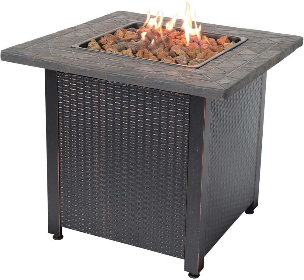 Endless Summer GAD1401M LP Gas Table Outdoor Fire Pit with Tile Mantel and Lava Rock, Fireplace, Brown